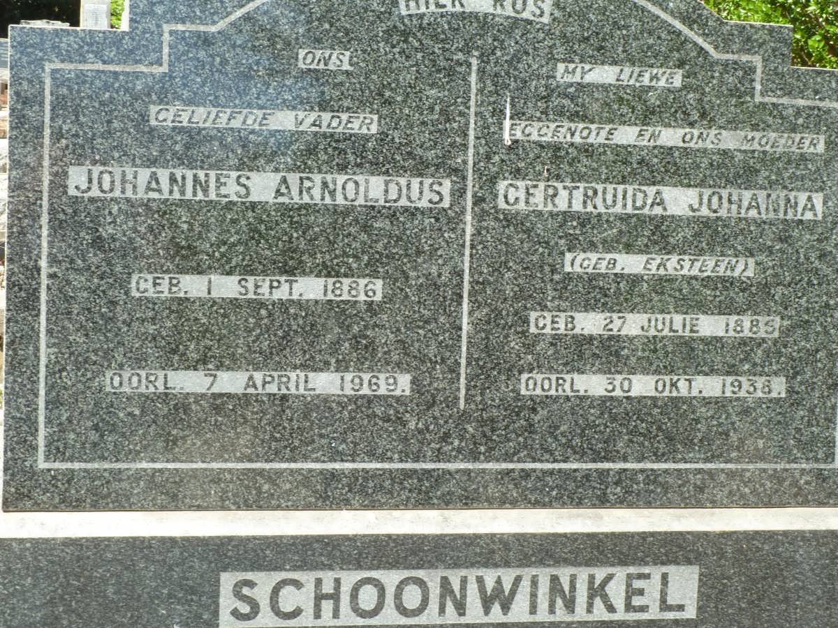 SCHOONWINKEL Johannes Arnoldus 1886-1969 &amp; Gertruida Johanna EKSTEEN 1885-1938