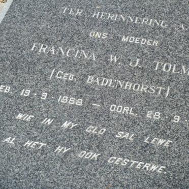 TOLMIE Francina W.J. nee BADENHORST 1888-1945
