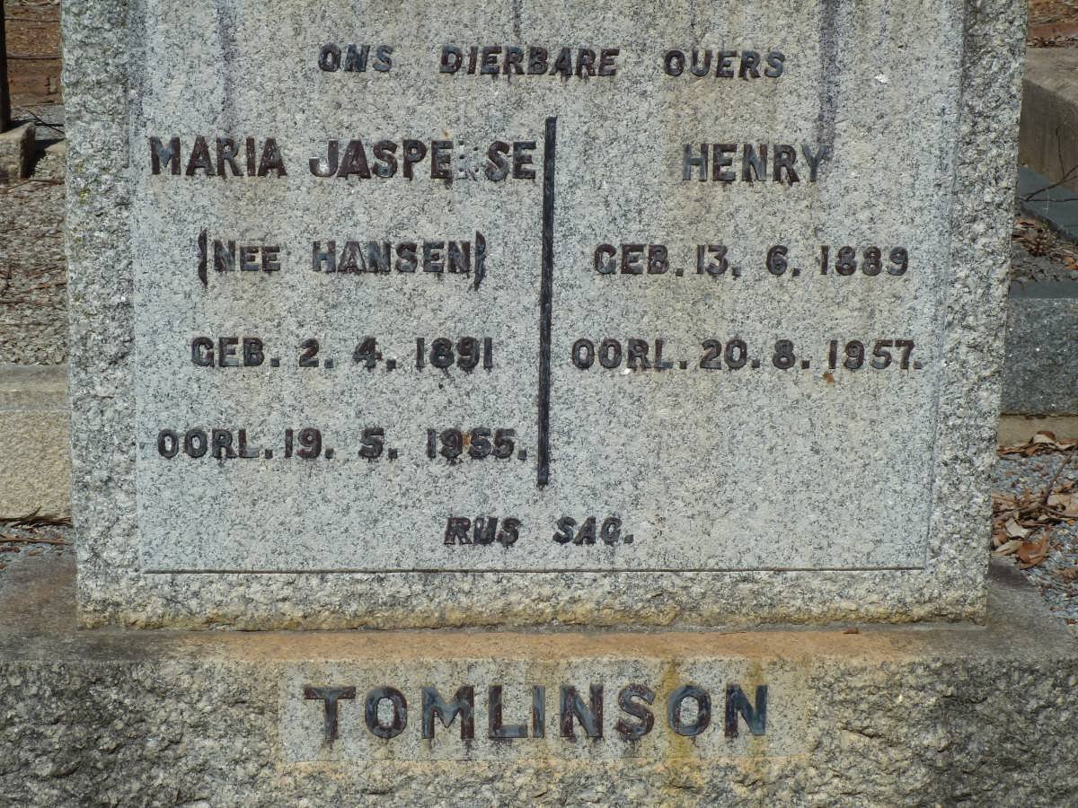 TOMLINSON Henry 1889-1957 &amp; Maria Jasperse HANSEN 1891-1955
