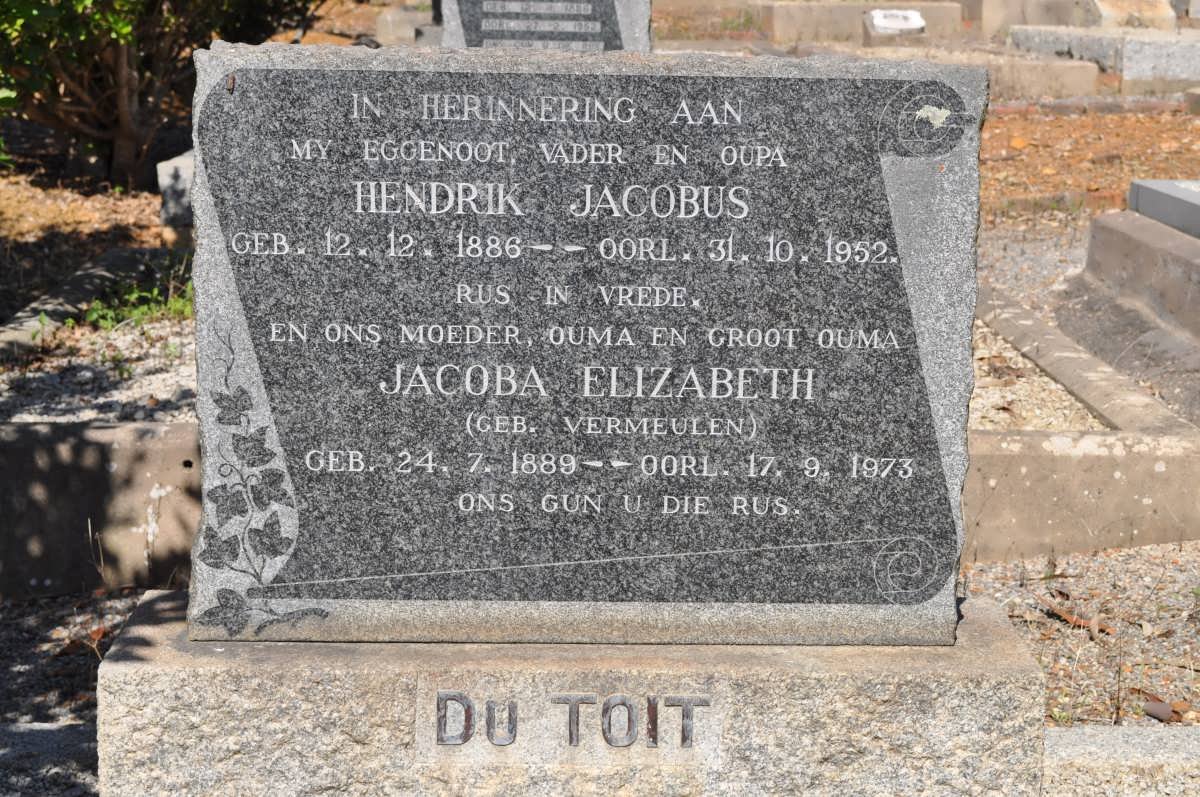 TOIT Hendrik Jacobus, du 1886-1952 &amp; Jacoba Elizabeth VERMEULEN 1889-1973