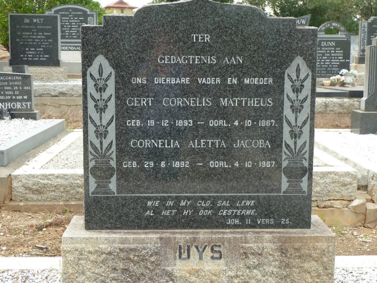 UYS Gert Cornelis Mattheus 1893-1967 &amp; Cornelia Aletta Jacoba 1892-1967