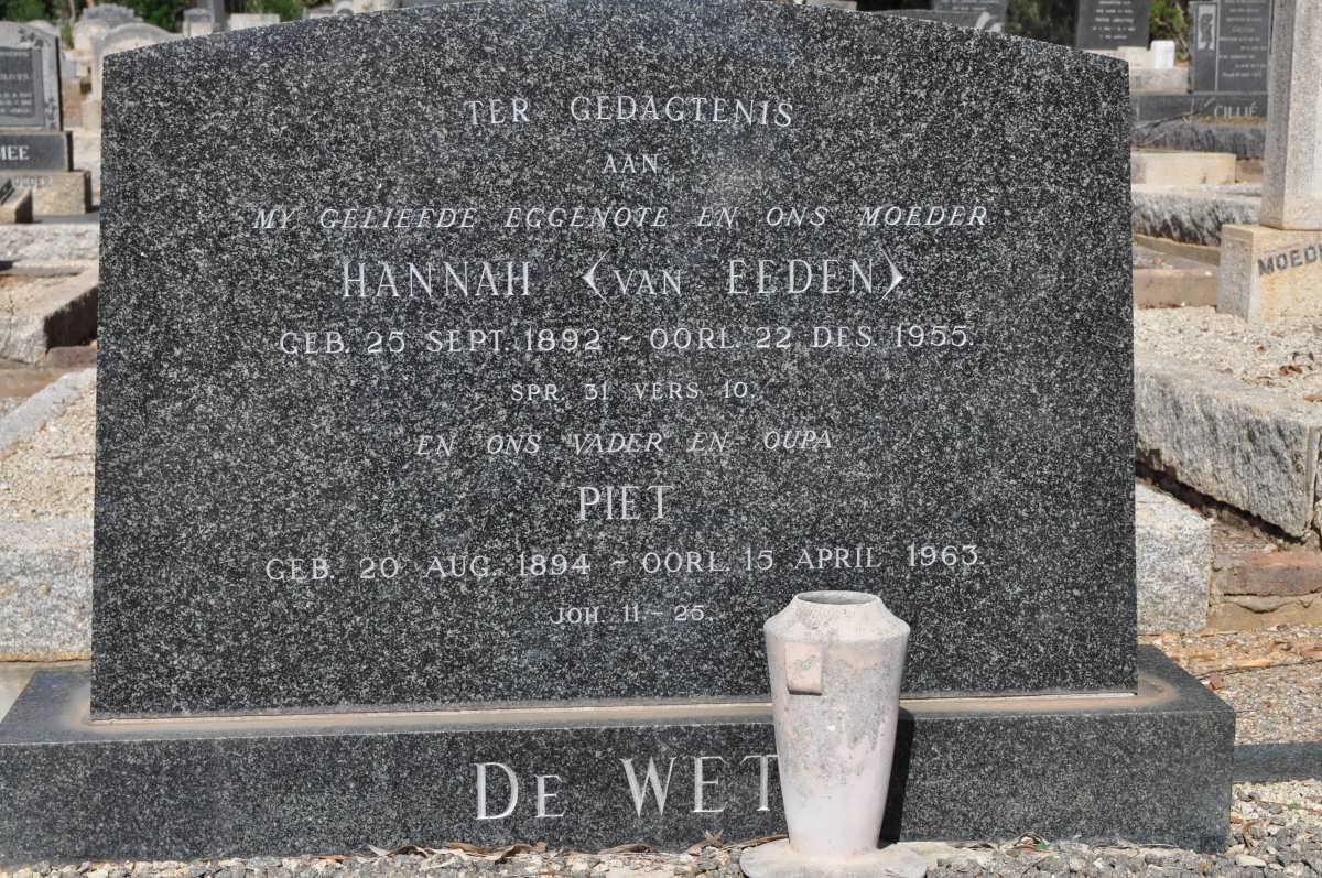 WET Piet, de 1894-1963 &amp; Hannah VAN EEDEN 1892-1955