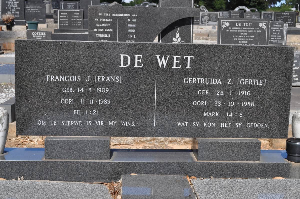 WET Francois J., de 1909-1989 &amp; Gertruida Z. 1916-1988