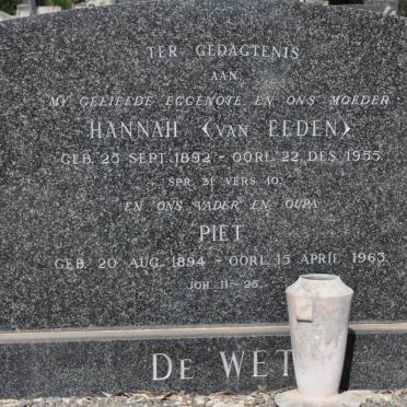 WET Piet, de 1894-1963 &amp; Hannah VAN EEDEN 1892-1955