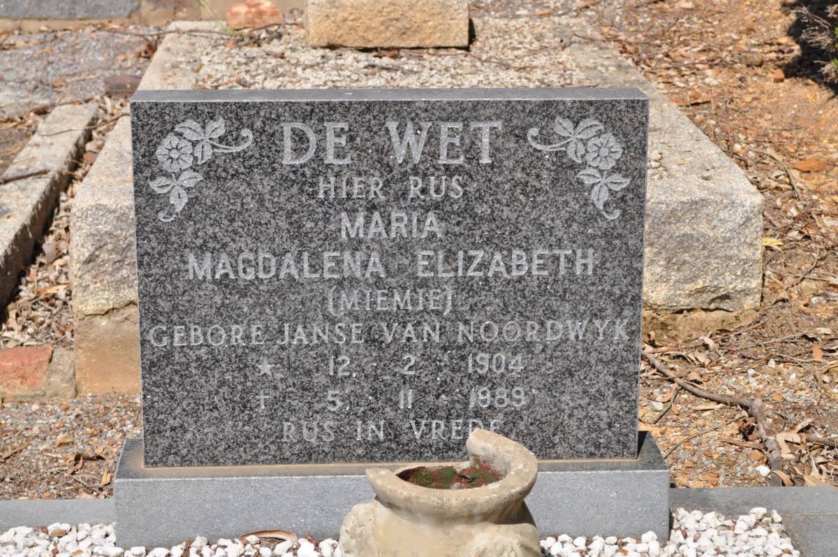 WET Magdalena Elizabeth, de nee JANSE VAN NOORDWYK 1904-1989