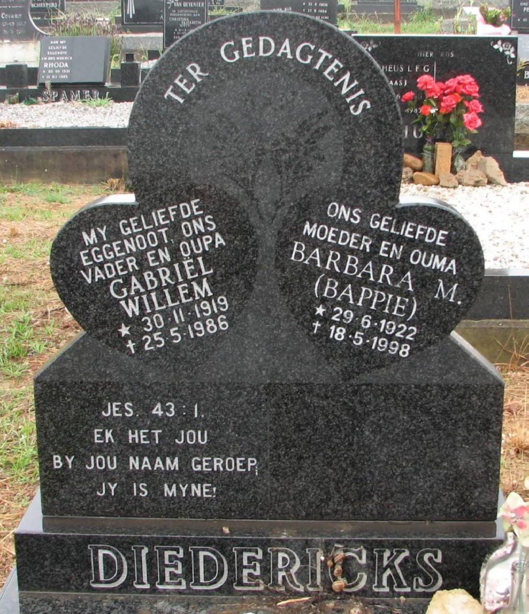 DIEDERICKS Gabriel Willem 1919-1986 &amp; Barbara M. 1922-1998