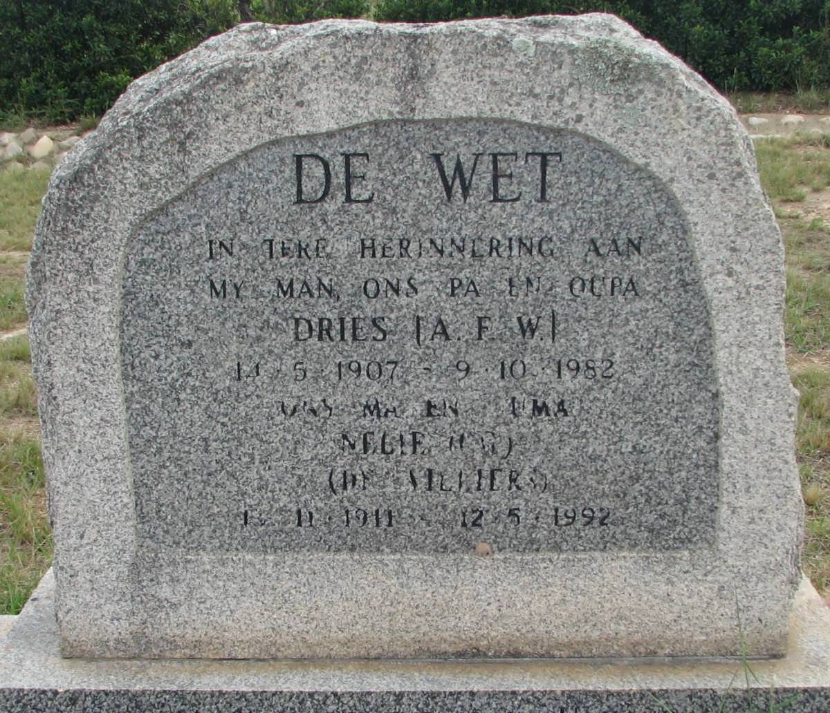 WET A.F.W., de 1907-1982 &amp; Nelie DE VILLIERS 1911-1992