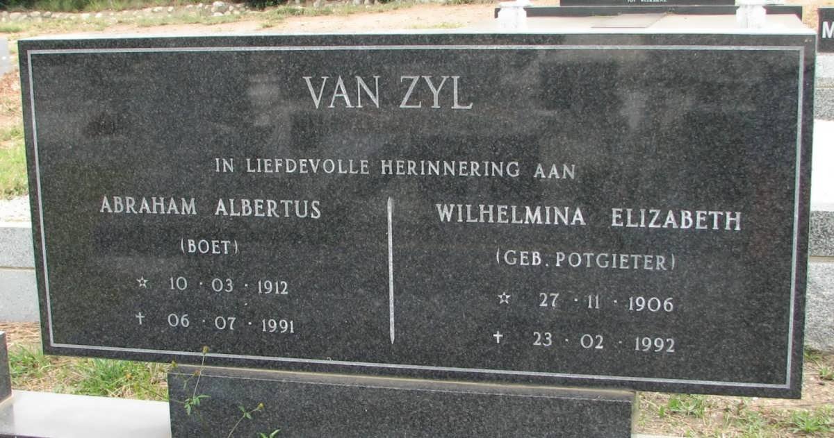 ZYL Abraham Albertus, van 1912-1991 &amp; Wilhelmina Elizabeth POTGIETER 1906-1992
