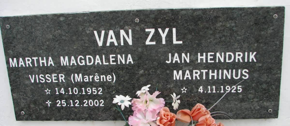 Zyl Jan Hendrik Marthinus, van 1925- &amp; Martha Magdalena VISSER 1952-2002