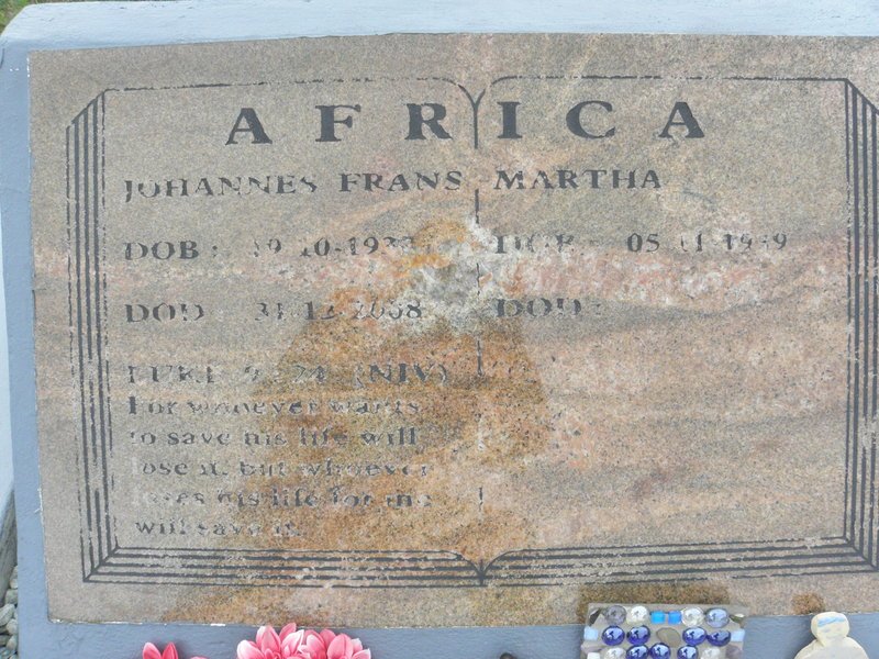 AFRICA Johannes Frans 1933-2008 &amp; Martha 1939-