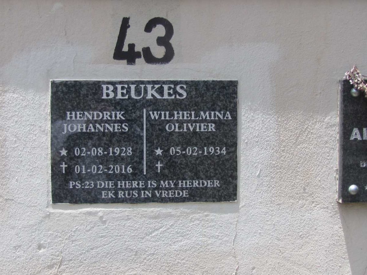 BEUKES Hendrik Johannes 1928-2016 &amp; Wilhelmina OLIVIER 1934-