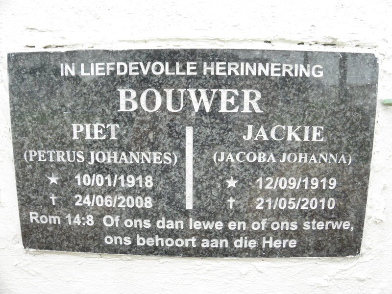BOUWER Petrus Johannes 1918-2008 &amp; Jacoba Johanna 1919-2010