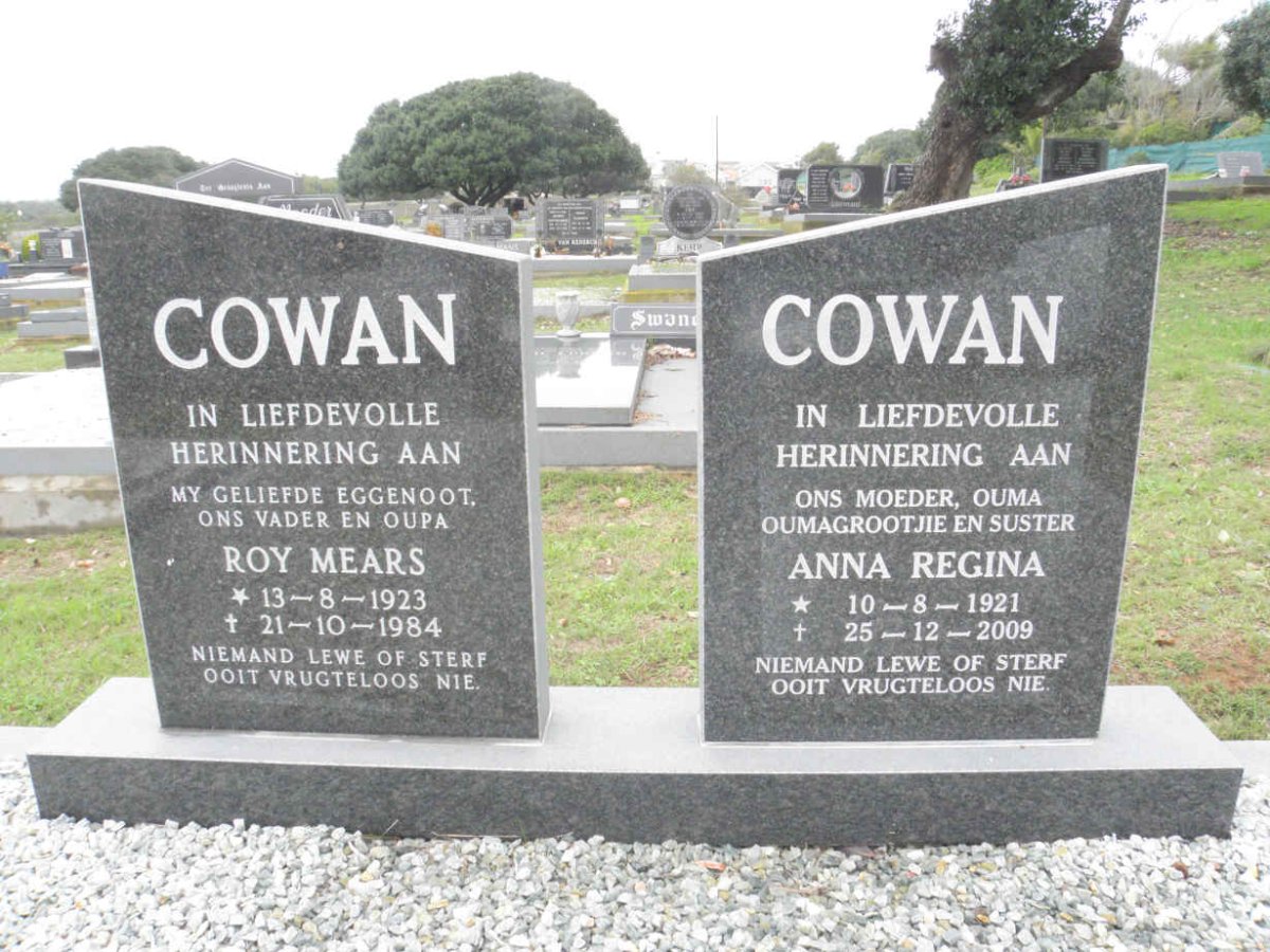 COWAN Roy Mears 1923-1984 &amp; Anna Regina 1921-2009