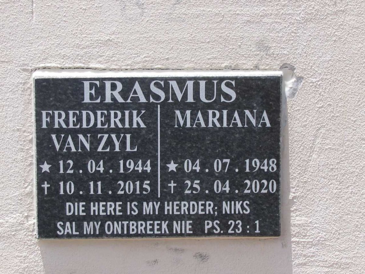 ERASMUS Frederik Van Zyl 1944-2015 &amp; Mariana 1948-2020