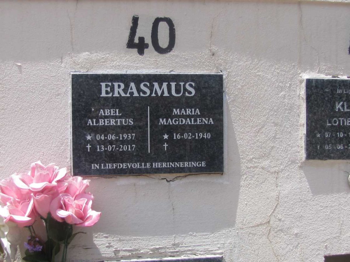 ERASMUS Abel Albertus 1937-2017 &amp; Maria Magdalena 1940-
