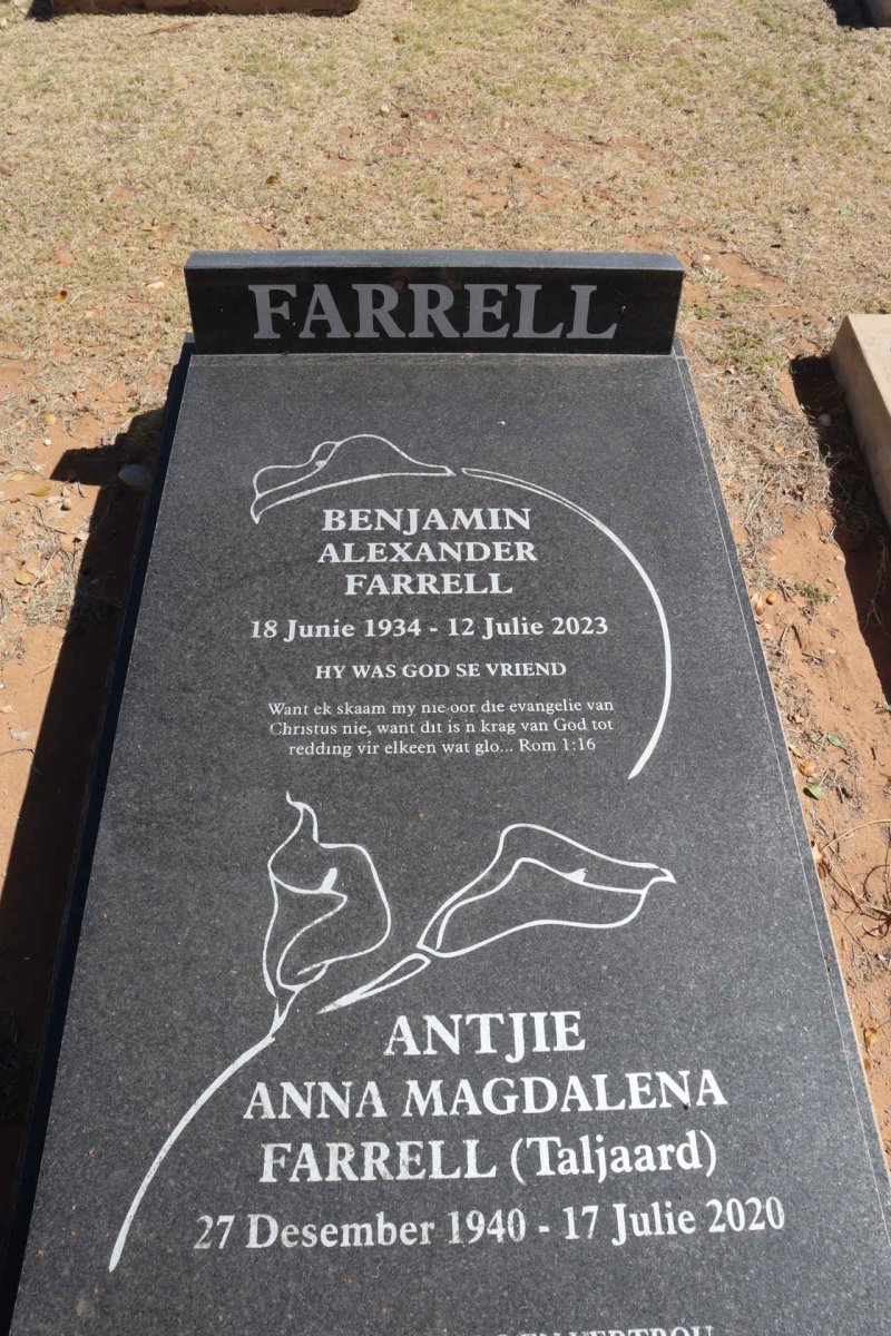FARRELL Benjamin Alexander 1934-2023 & Antjie Anna Magdalena TALJAARD 1940-2020 