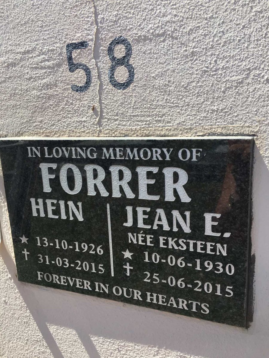 FORRER Hein 1926-2015 &amp; Jean E. EKSTEEN 1930-2015