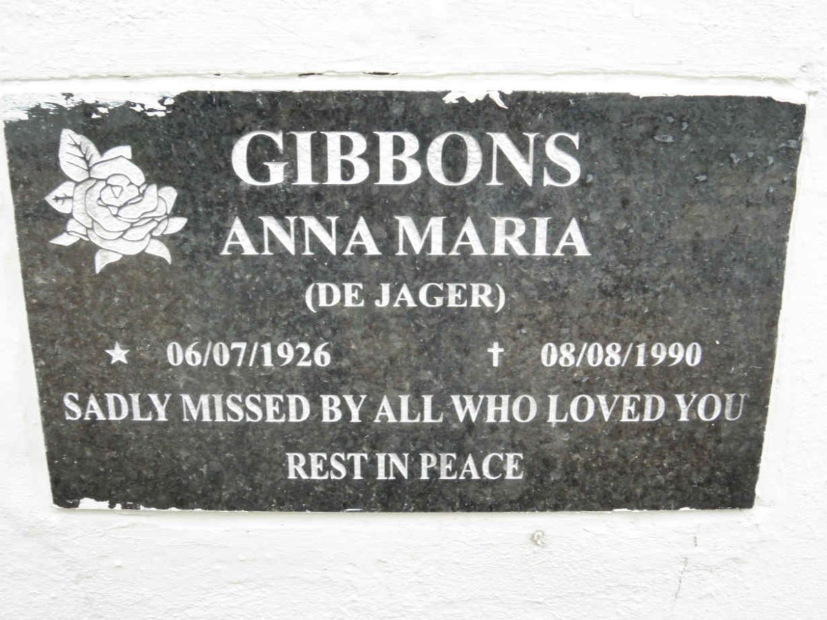 GIBBONS Anna Maria nee DE JAGER 1926-1990
