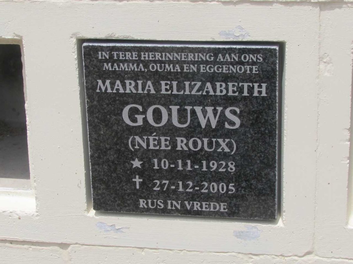 GOUWS Maria Elizabeth nee ROUX 1928-2005