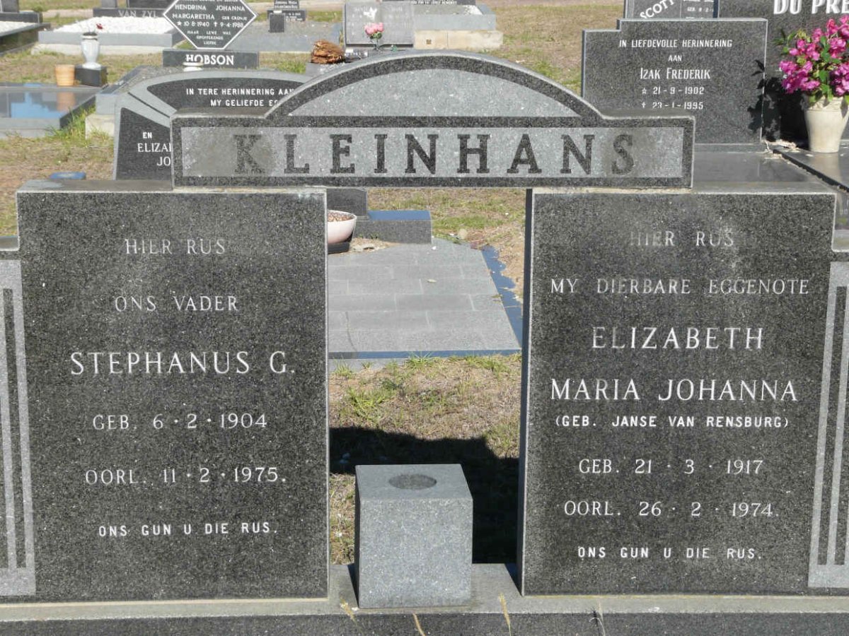 KLEINHANS Stephanus G. 1904-1975 &amp; Elizabeth Maria Johanna JANSE VAN RENSBURG 1917-1974