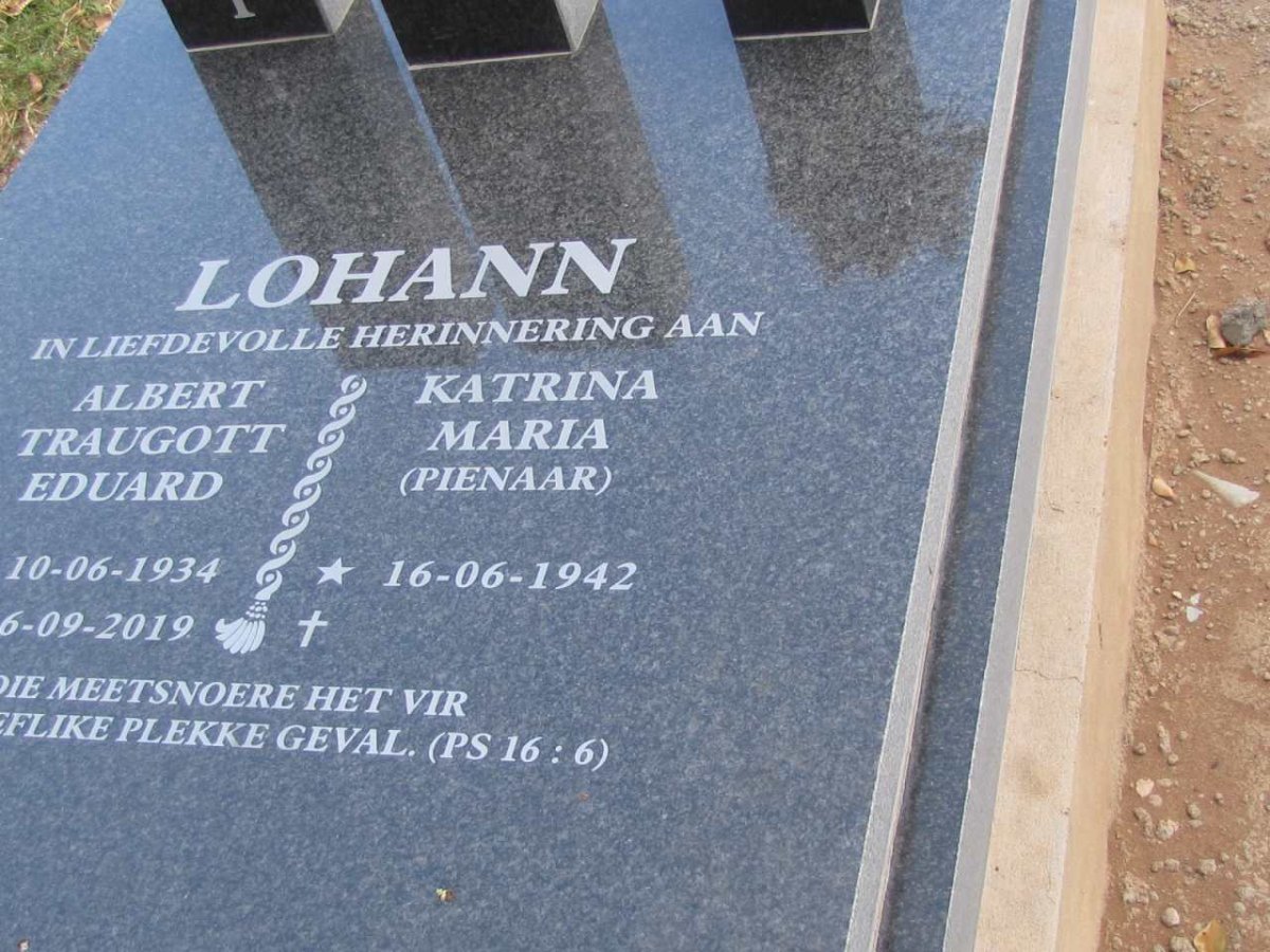 LOHANN Albert Traugott Eduard 1934-2019 &amp; Katrina Maria PIENAASR 1942-