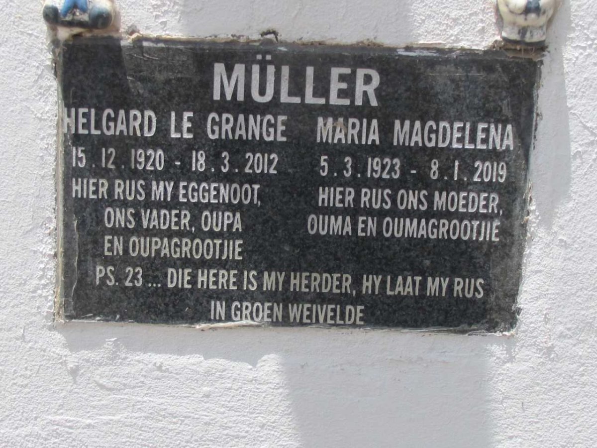 MULLER Helgard Le Grange 1920-2012 &amp; Maria Magdalena 1923-2019