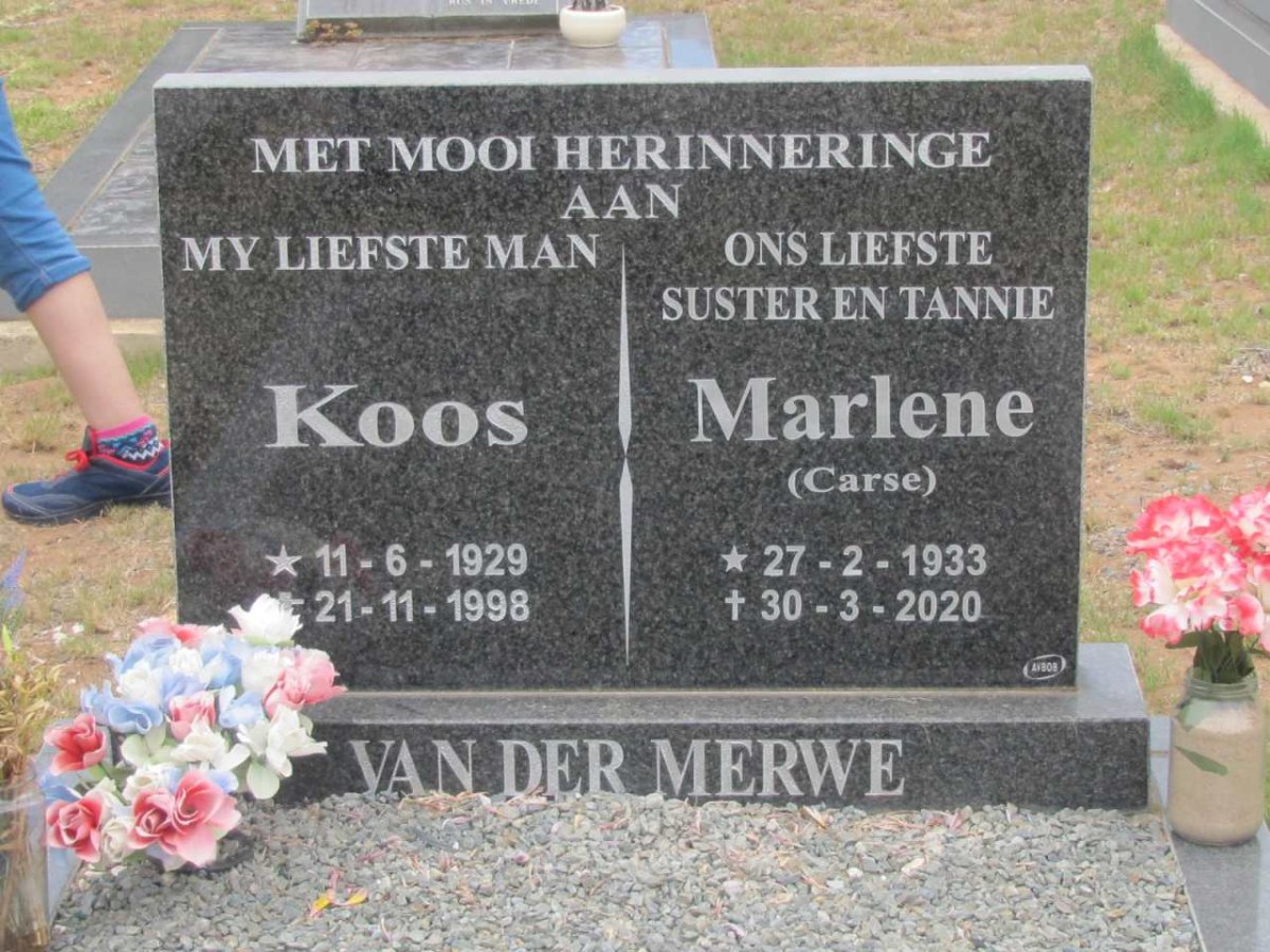 MERWE Koos, van der 1929-1998 &amp; Marlene CARSE 1933-2020