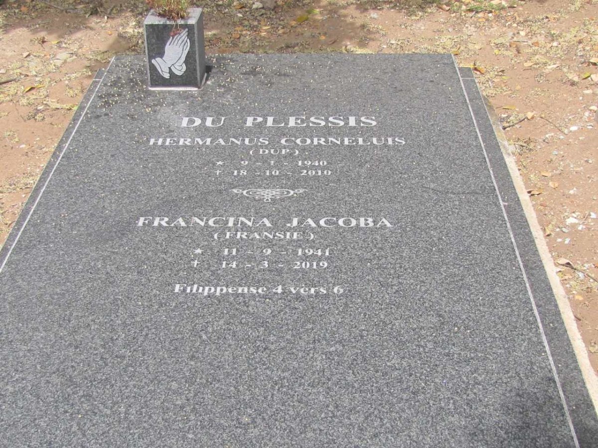 PLESSIS Hermanus Corneluis, du 1940-2010 &amp; Francina Jacoba 1941-2019
