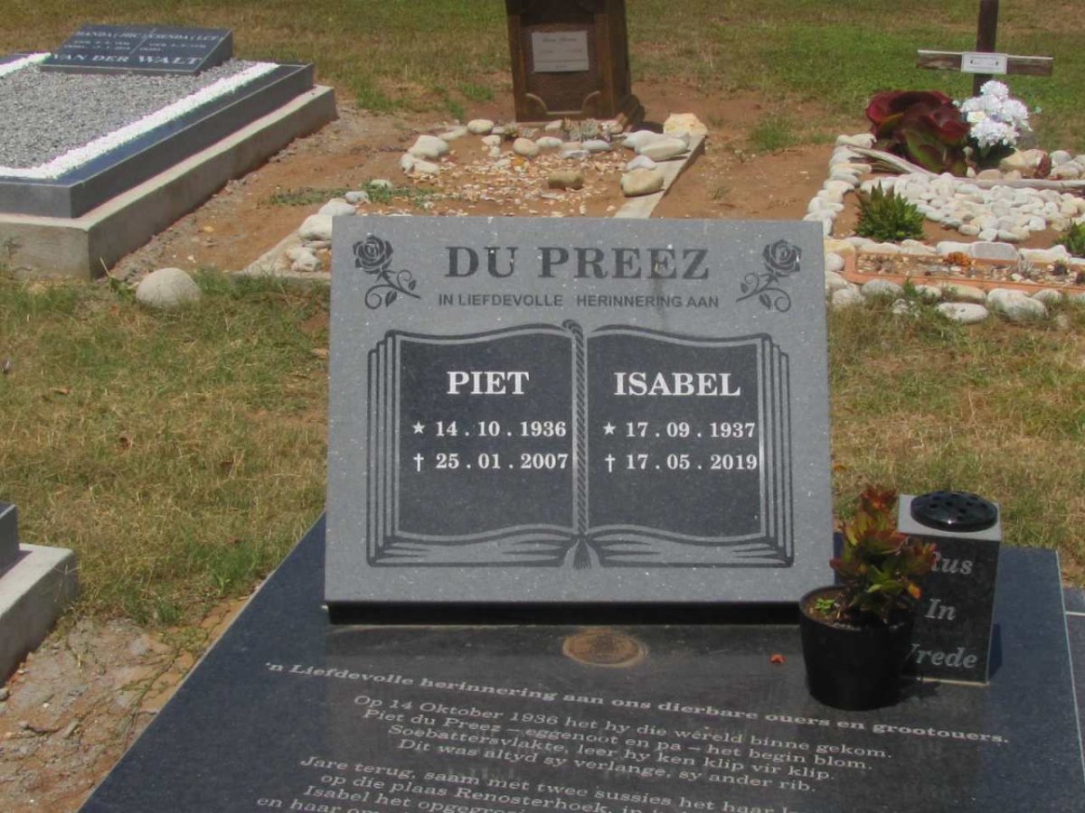 PREEZ Piet, du 1936-2007 &amp; Isabel 1937-2019