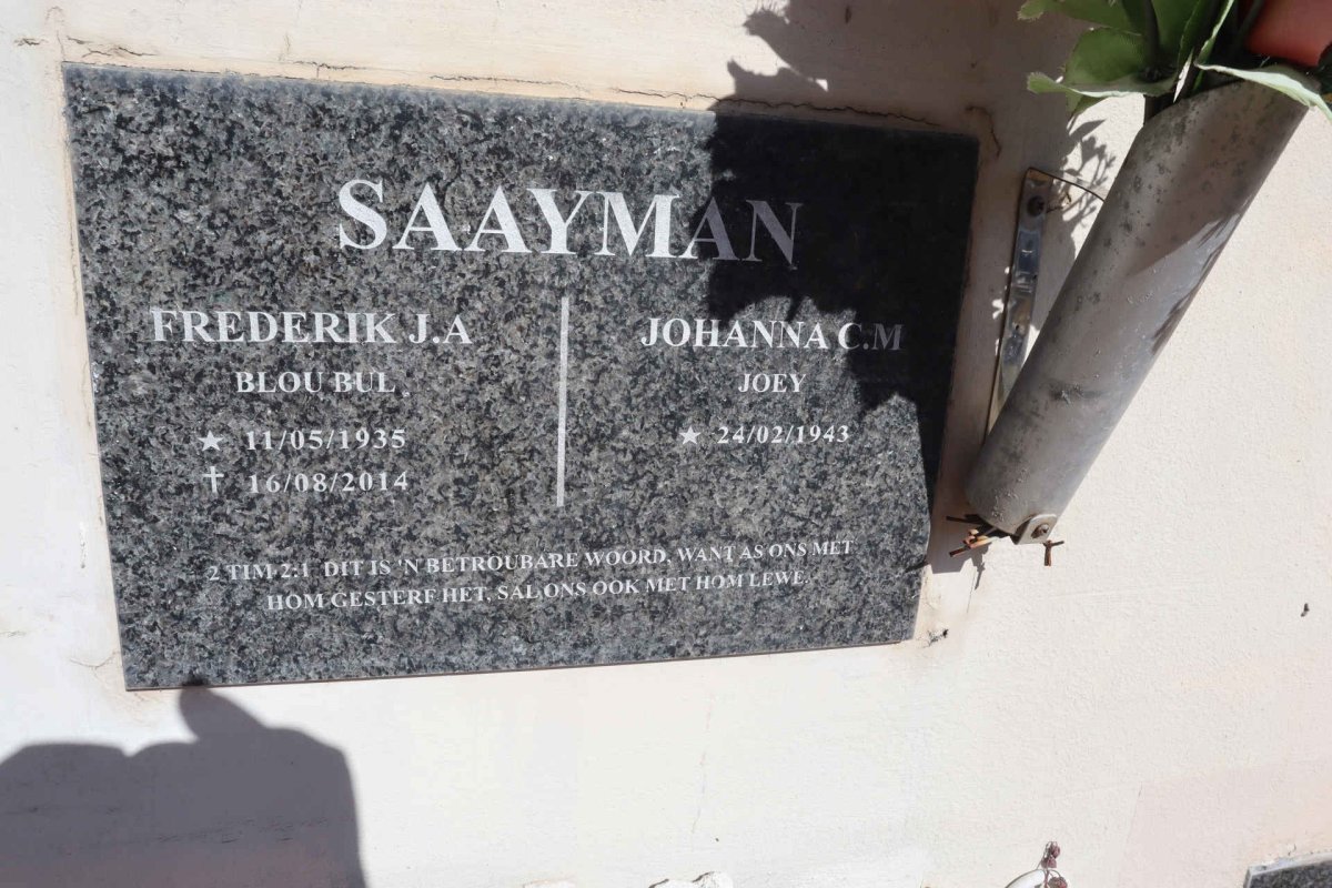 SAAYMAN Frederik J.A. 1935-2014 & Johanna C.M. 1943-