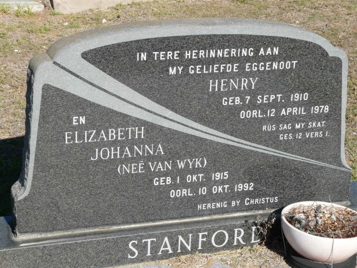 STANFORD Henry 1910-1978 &amp; Elizabeth Johanna VAN WYK 1915-1992