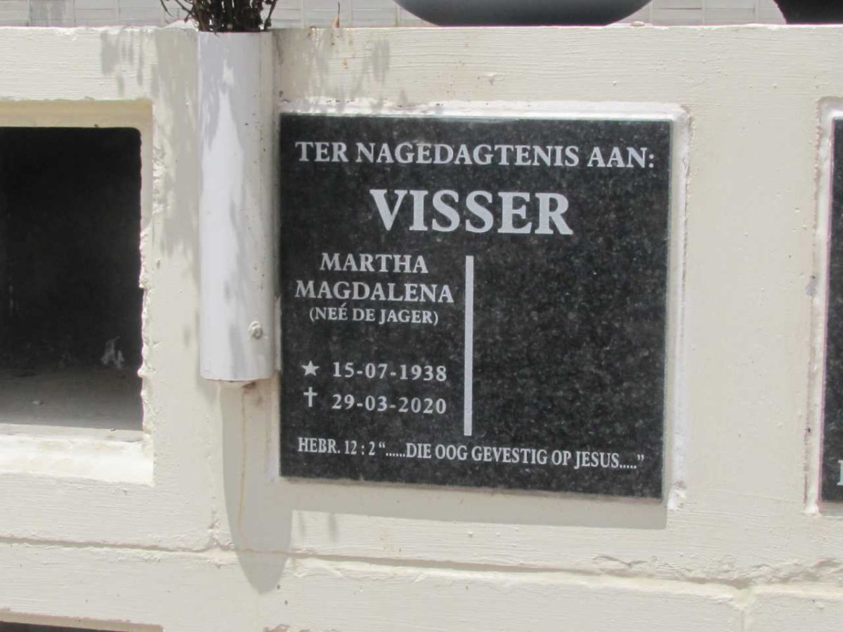VISSER Martha Magdalena nee DE JAGER 1938-2020