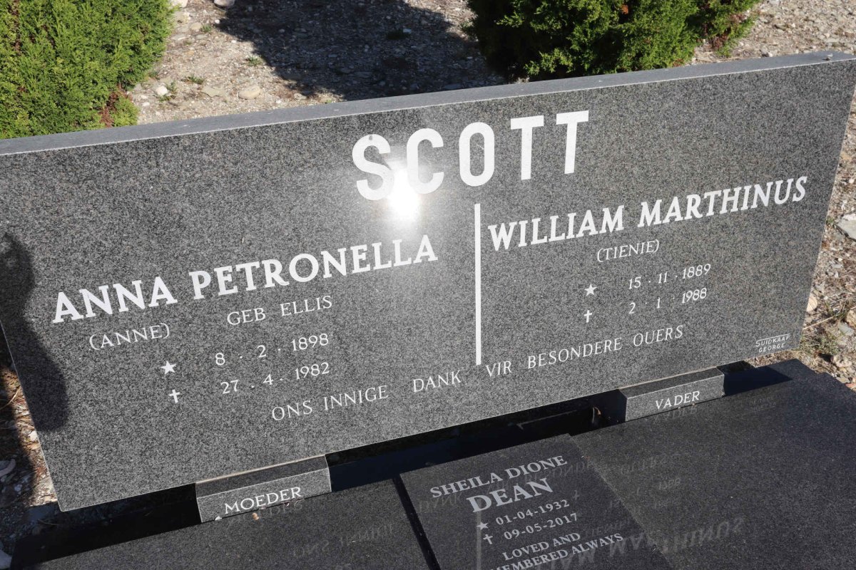SCOTT William Marthinus 1889-1988 & Anna Petronella ELLIS 1898-1982 :: DEAN Sheila Dione 1932-2017