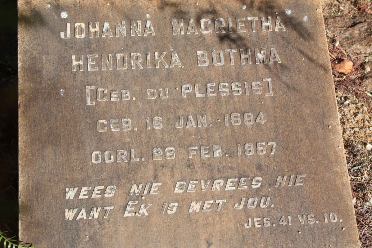 BOTHMA Johanna Magrieta Hendrika nee DU PLESSIS  1884-1957