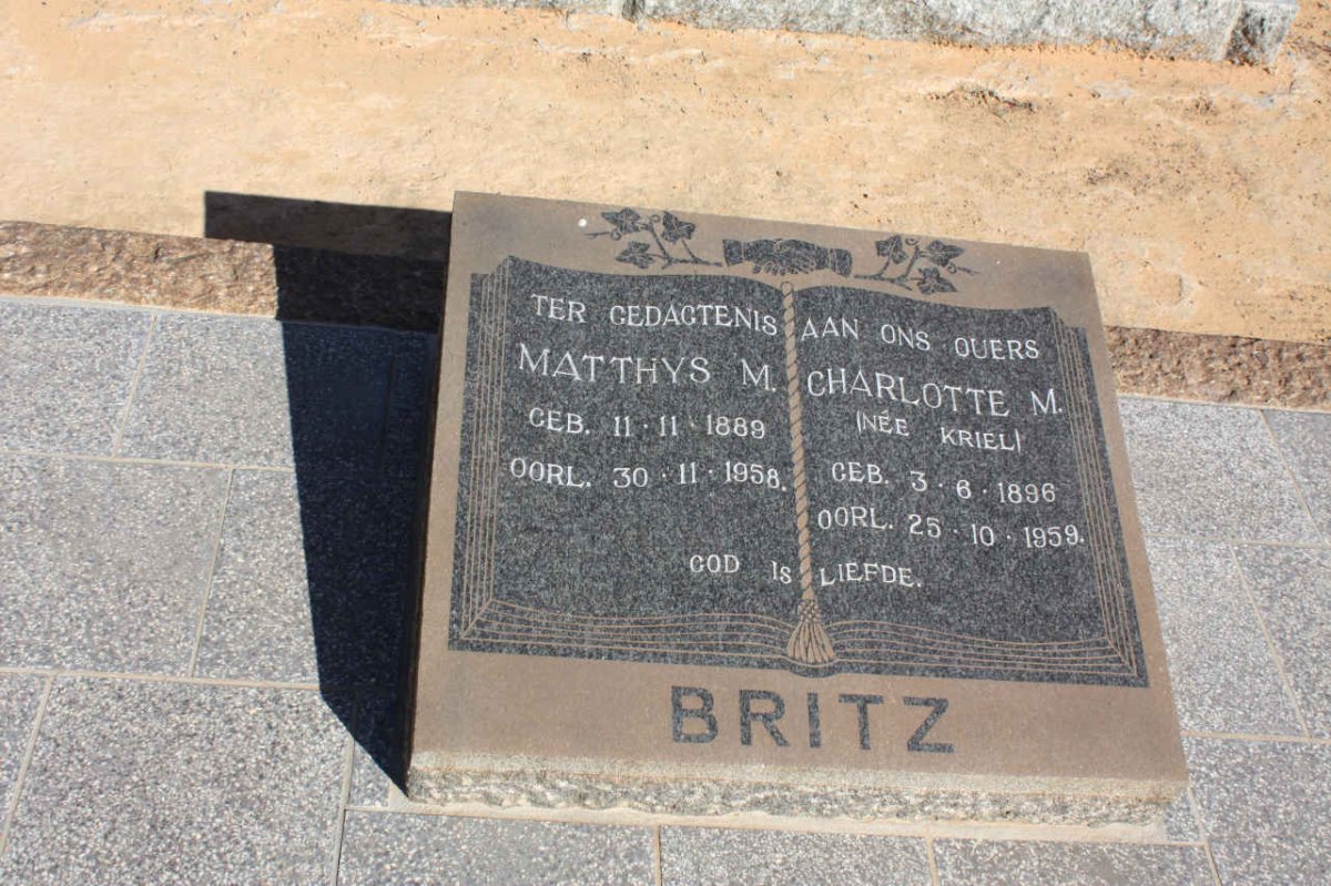 BRITZ Matthys M. 1889-1958 &amp; Charlotte M. KRIEL 1896-1959