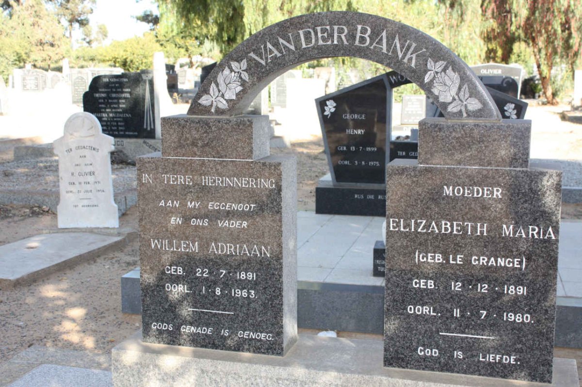 BANK Willem Adriaan, van der 1891-1963 &amp; Elizabeth Maria LE GRANGE 1891-1980