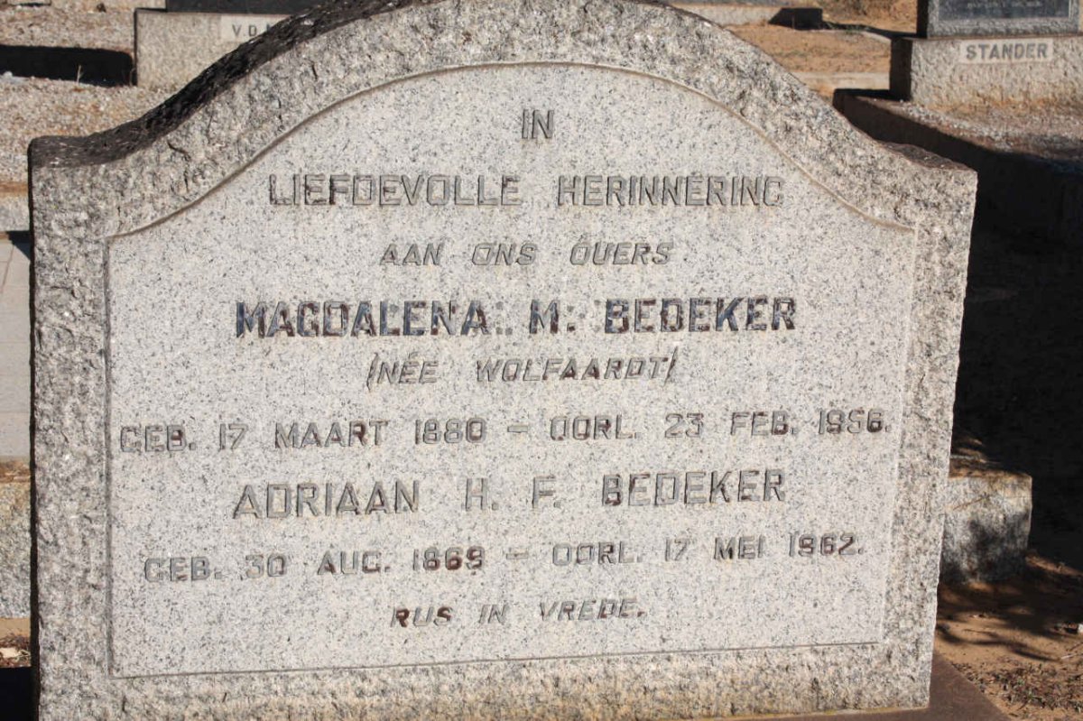 BEDEKER Adriaan H.F. 1869-1962 &amp; Magdalena M. WOLFAARDT 1880-1956