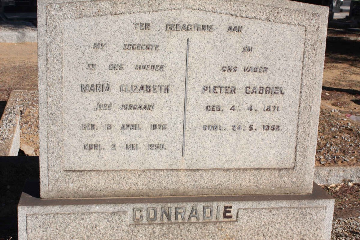 CONRADIE Pieter Gabriel 1871-1952 &amp; Maria Elizabeth JORDAAN 1876-1950