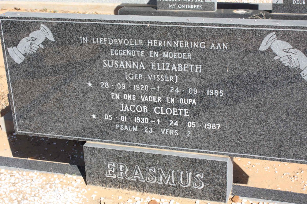 ERASMUS Jacob Cloete 1930-1987 &amp; Susanna Elizabeth VISSER 1920-1985