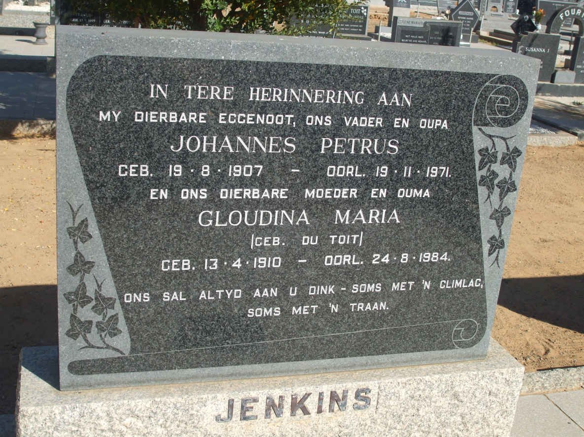 JENKINS Johannes Petrus 1907-1971 &amp; Gloudina Maria DU TOIT 1910-1984