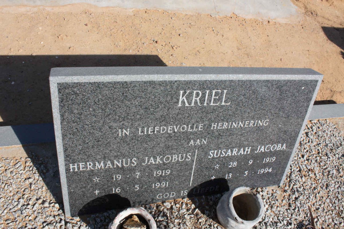 KRIEL Hermanus Jakobus 1919-1991 &amp; Susarah Jacoba 1919-1994