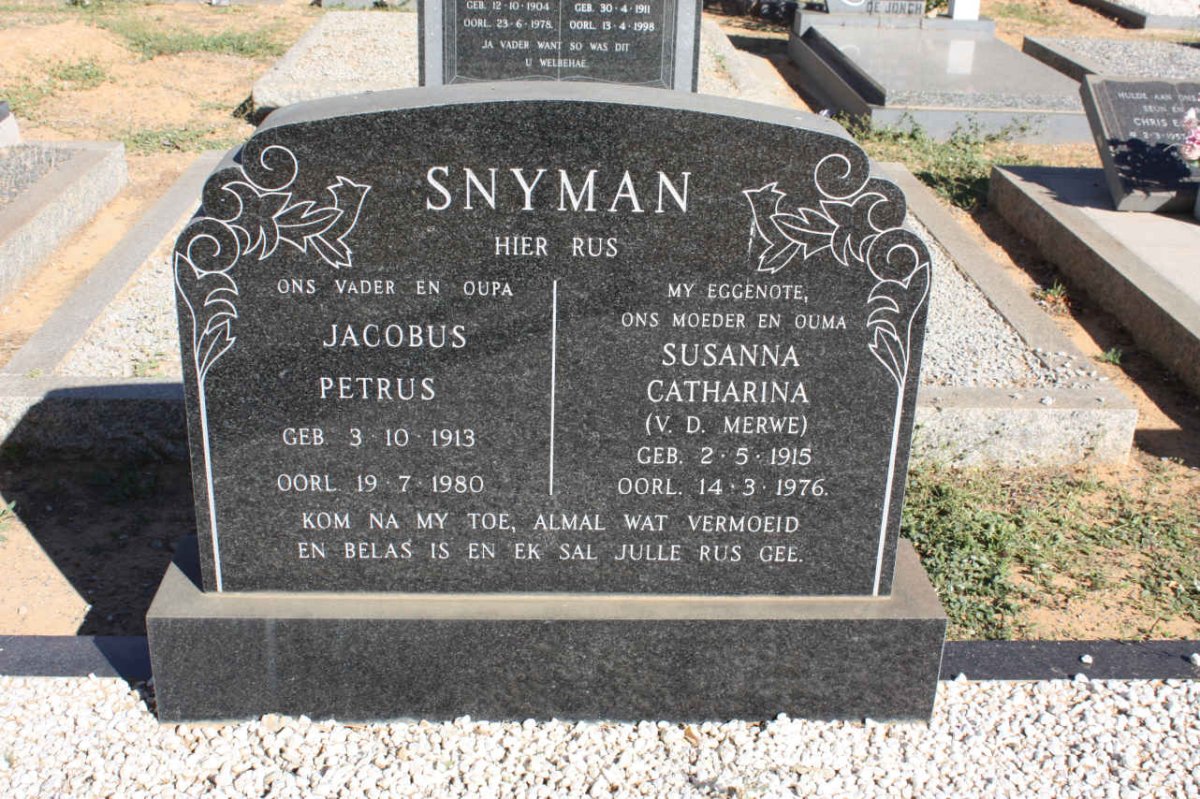 SNYMAN Jacobus Petrus 1913-1980 &amp; Susanna Catharina V.D. MERWE 1915-1976