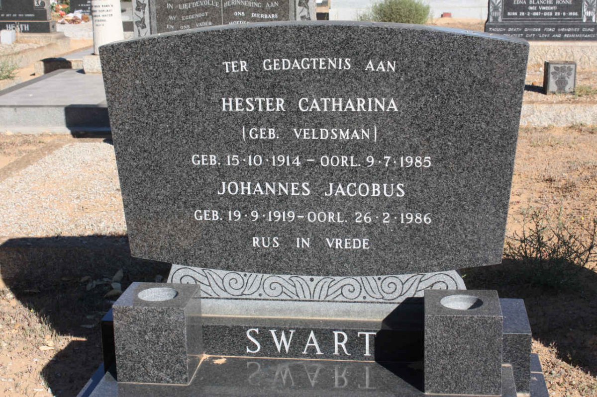 SWART Johannes Jacobus 1919-1986 &amp; Hester Catharina VELDSMAN 1914-1985