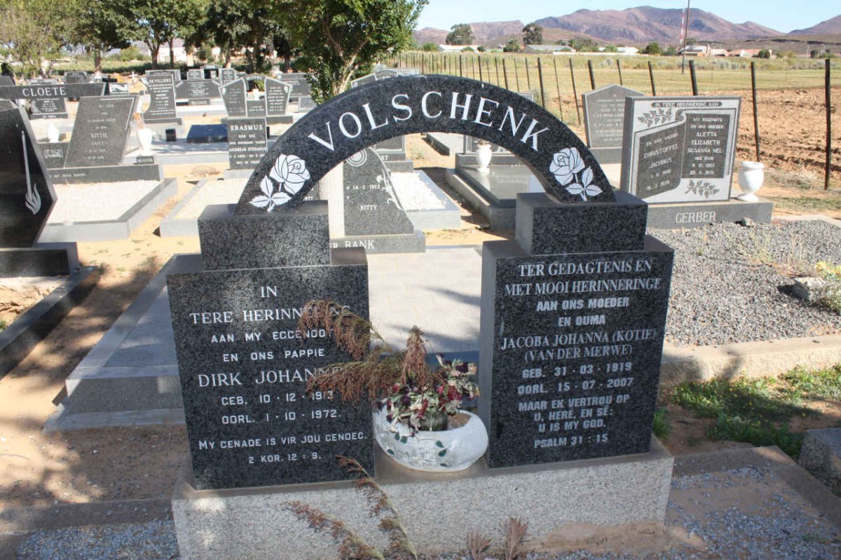 VOLSCHENK Dirk Johannes 1913-1972 &amp; Jacoba Johanna VAN DER MERWE 1919-2007