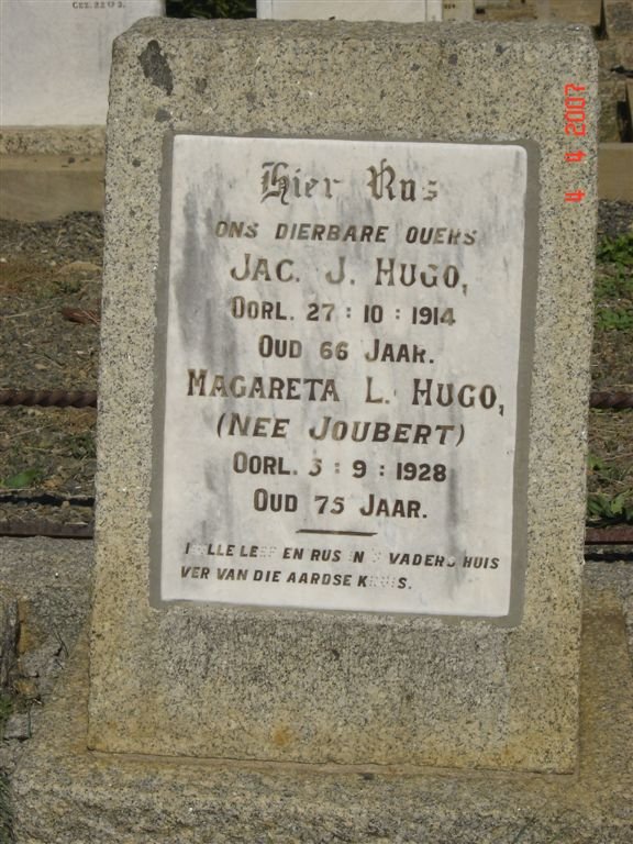 HUGO Jac. J. -1914 &amp; Magareta L. JOUBERT -1928