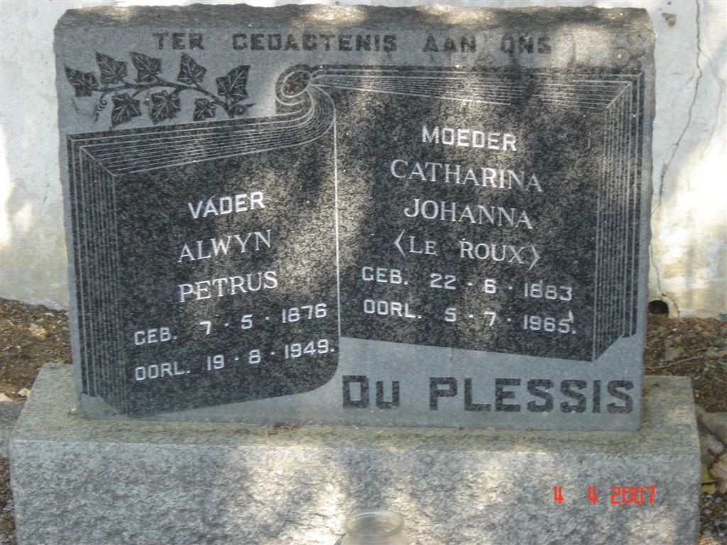 PLESSIS Alwyn Petrus, du 1876-1949 &amp; Catharina Johanna LE ROUX 1883-1965