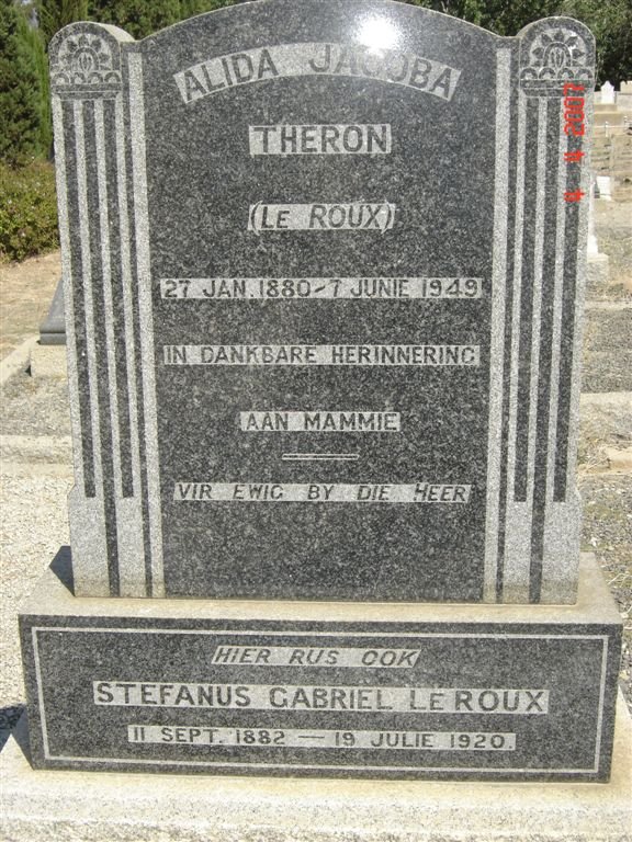 ROUX Stefanus Gabriel, Le 1882-1920 &amp; Alida Jacoba THERON nee LE ROUX 1880-1949