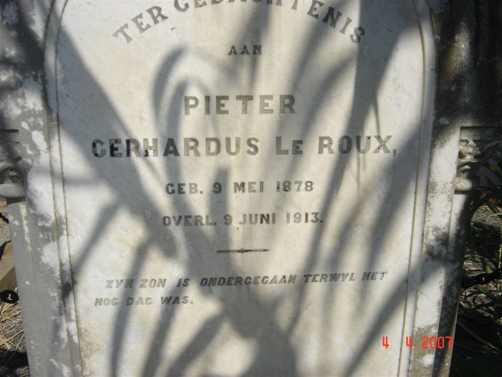 ROUX Pieter Gerhardus, le 1878-1913
