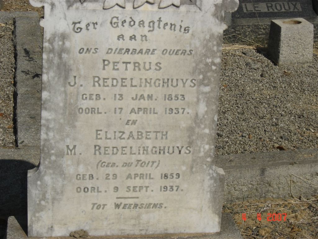 REDELINGHUYS Petrus J. 1853-1937 &amp; Elizabeth M. DU TOIT 1859-1937