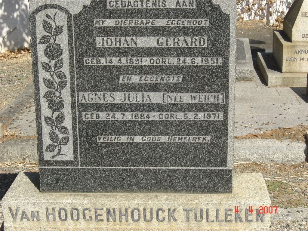 TULLEKEN Johan Gerard, van Hoogenhouck 1891-1951 &amp; Agnes Julia WEICH 1884-1971